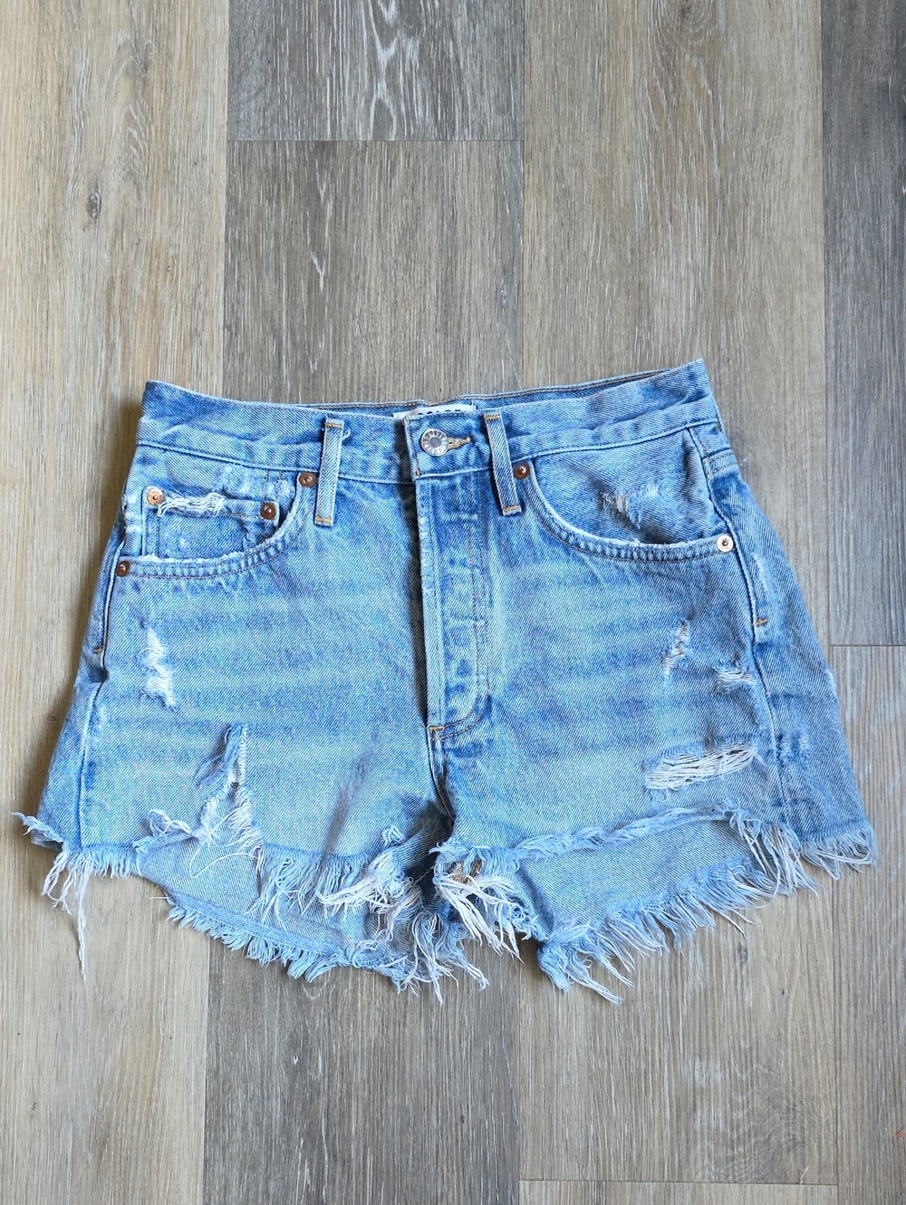Agolde Light Blue Distressed Denim Cutoff Shorts